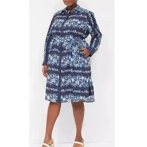 Lane Bryant NWT Blue Floral Dress Button Down Office Long Sleeve Plus Size 14